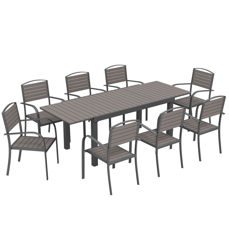 Outsunny conjunto de mesa y sillas jardín de 9 piezas, muebles jardín exterior con mesa extensible 150 a 225 cm, estructura de aluminio, 8 sillas apilables, tablero de lamas de madera plástica, gris