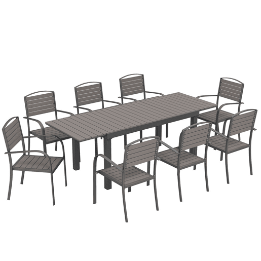 Outsunny Conjunto de Mesa e Cadeiras de Jardim 9 Peças, Mobiliário de Exterior em Alumínio Resistente, Mesa Extensível, 8 Cadeiras Empilháveis, Tampo em Madeira Plástica, Cinzento