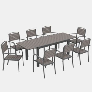 Outsunny Conjunto de Mesa e Cadeiras de Jardim 9 Peças, Mobiliário de Exterior em Alumínio Resistente, Mesa Extensível, 8 Cadeiras Empilháveis, Tampo em Madeira Plástica, Cinzento