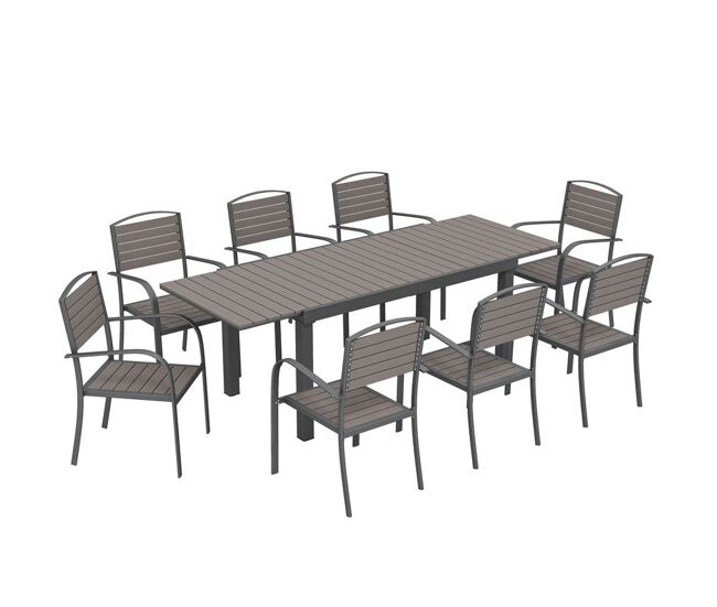 Outsunny conjunto de mesa y sillas jardín de 9 piezas, muebles jardín exterior con mesa extensible 150 a 225 cm, estructura de aluminio, 8 sillas apilables, tablero de lamas de madera plástica, gris