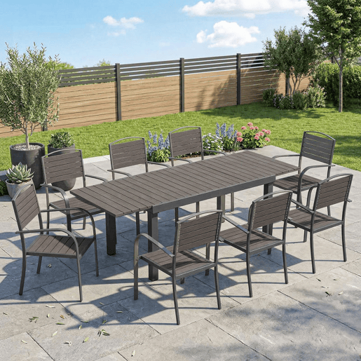 Outsunny Conjunto de Mesa e Cadeiras de Jardim 9 Peças, Mobiliário de Exterior em Alumínio Resistente, Mesa Extensível, 8 Cadeiras Empilháveis, Tampo em Madeira Plástica, Cinzento