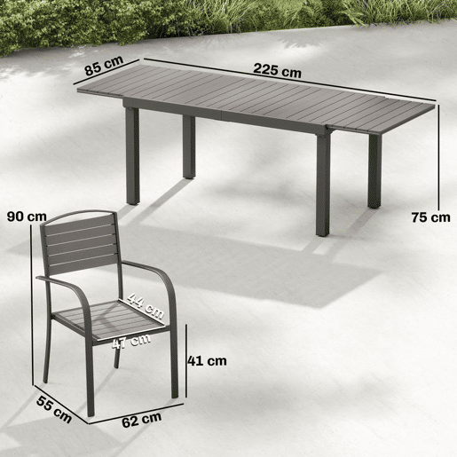 Outsunny Conjunto de Mesa e Cadeiras de Jardim 9 Peças, Mobiliário de Exterior em Alumínio Resistente, Mesa Extensível, 8 Cadeiras Empilháveis, Tampo em Madeira Plástica, Cinzento