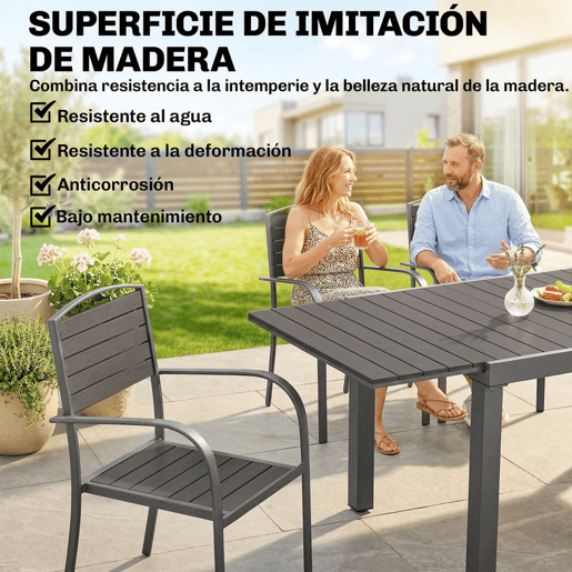 Outsunny Conjunto de Mesa e Cadeiras de Jardim 9 Peças, Mobiliário de Exterior em Alumínio Resistente, Mesa Extensível, 8 Cadeiras Empilháveis, Tampo em Madeira Plástica, Cinzento