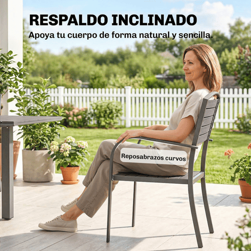 Outsunny Conjunto de Mesa e Cadeiras de Jardim 9 Peças, Mobiliário de Exterior em Alumínio Resistente, Mesa Extensível, 8 Cadeiras Empilháveis, Tampo em Madeira Plástica, Cinzento