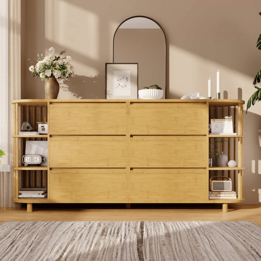 Aparador Comoda 160 cm - Design romano com colunas e prateleiras de bambu - Carvalho