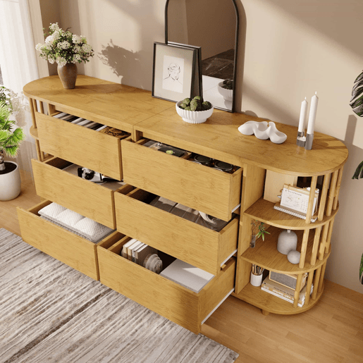 Aparador Comoda 160 cm - Design romano com colunas e prateleiras de bambu - Carvalho