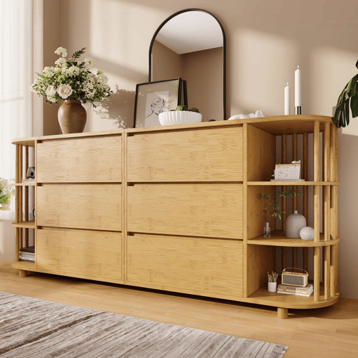 Aparador Comoda 160 cm - Design romano com colunas e prateleiras de bambu - Carvalho