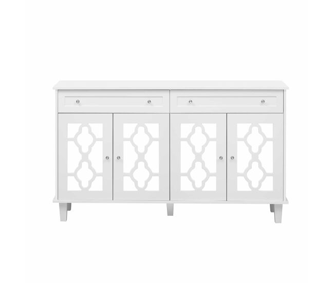 Aparador bajo - 2 puertas de cristal con 2 cajones y estantes regulables - blanco