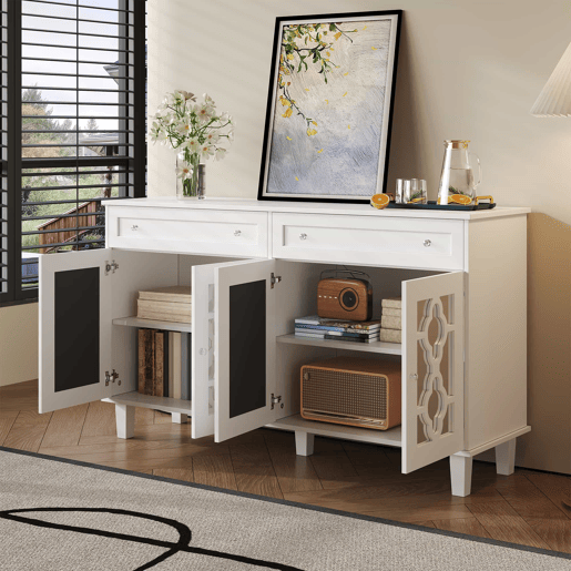 Aparador baixo - 2 portas de vidro com 2 gavetas e prateleiras reguláveis - Branco