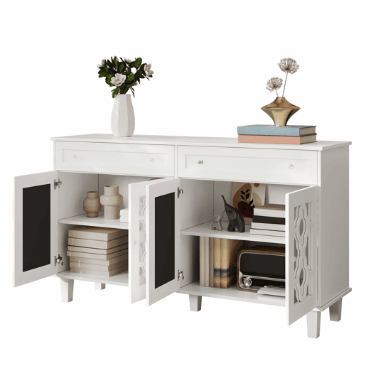 Aparador baixo - 2 portas de vidro com 2 gavetas e prateleiras reguláveis - Branco