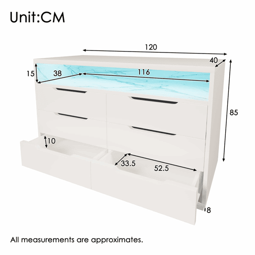 Aparador 120x40x85 cm - Com iluminação LED, 6 gavetas, design moderno, branco