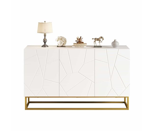 Sideboard 130 cm - moderno, con 4 compartimentos, acabado brillante - blanco+oro
