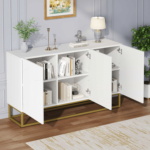 Aparador 130 cm - Moderno, com 4 compartimentos, acabamento brilhante - Branco+Dourado Aparador 130 cm - Moderno, com 4 compartimentos, acabamento brilhante - Branco+Dourado