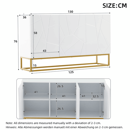 Aparador 130 cm - Moderno, com 4 compartimentos, acabamento brilhante - Branco+Dourado Aparador 130 cm - Moderno, com 4 compartimentos, acabamento brilhante - Branco+Dourado