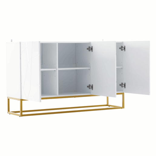 Aparador 130 cm - Moderno, com 4 compartimentos, acabamento brilhante - Branco+Dourado Aparador 130 cm - Moderno, com 4 compartimentos, acabamento brilhante - Branco+Dourado