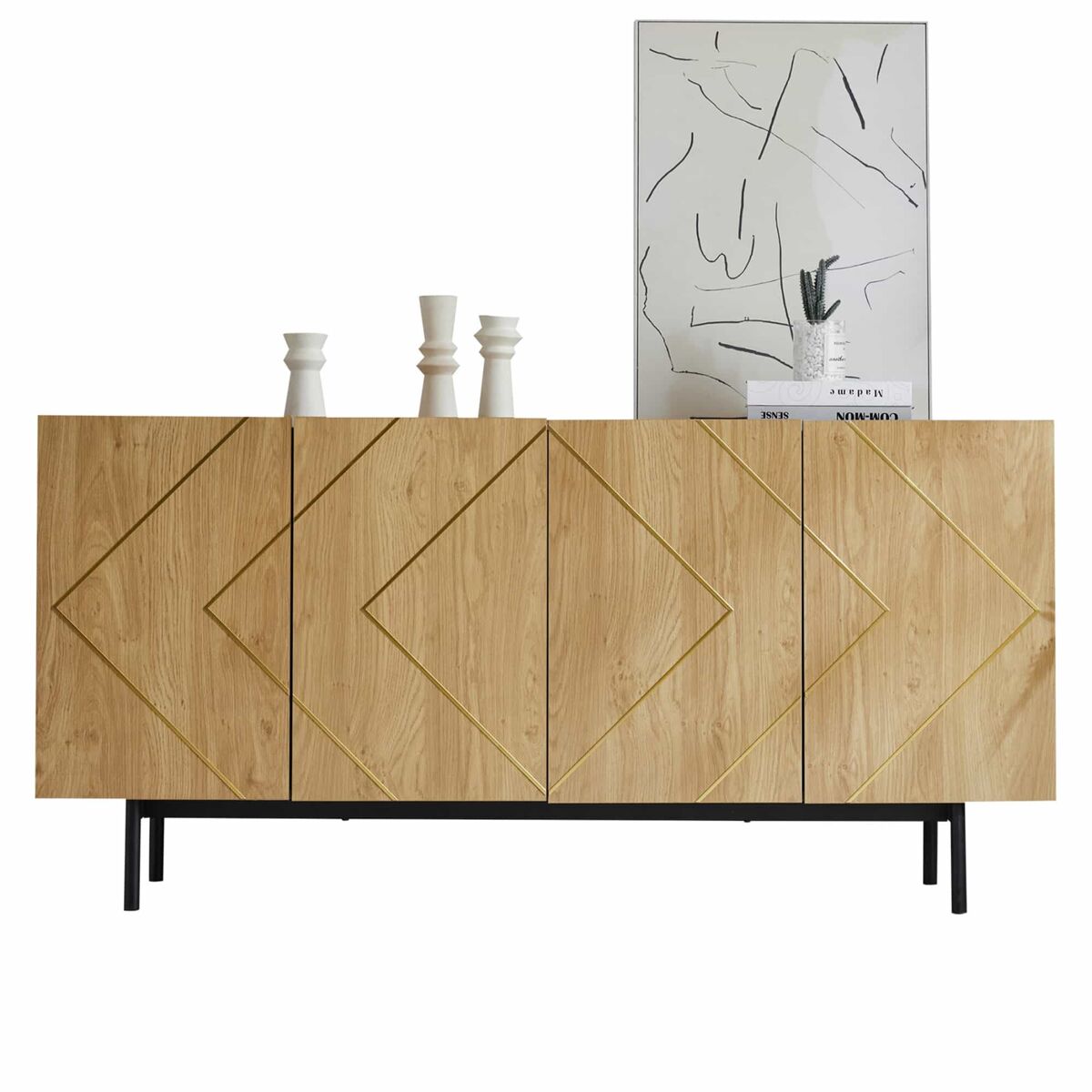 Aparador 160x40x78 cm - con 4 puertas y detalle en metal - madera natural