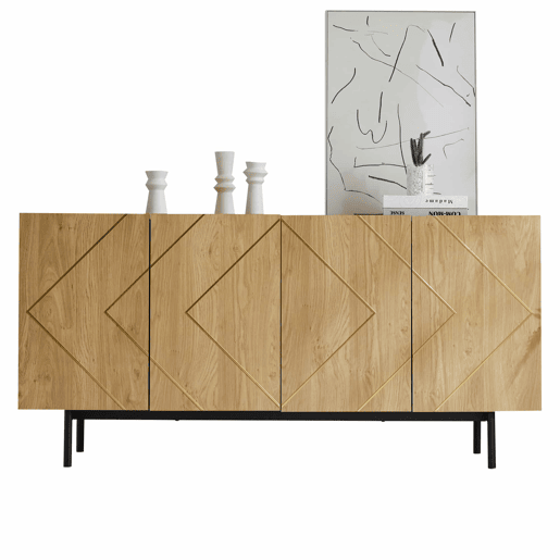 Aparador 160x40x78 cm - Com 4 portas e detalhes em metal - Madeira natural