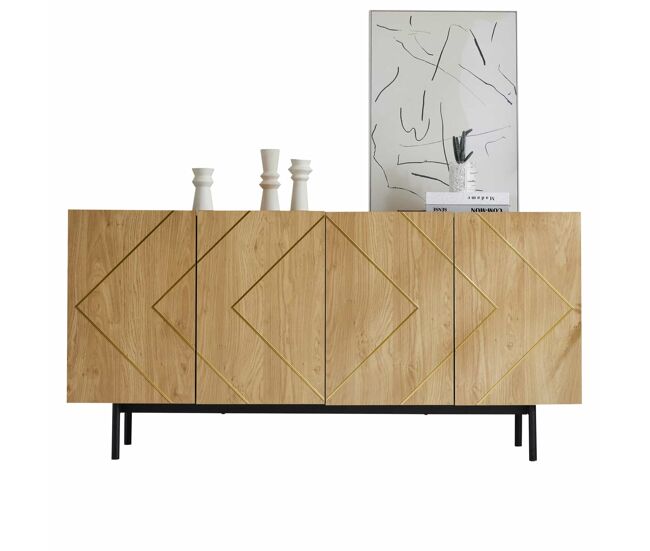Aparador 160x40x78 cm - con 4 puertas y detalle en metal - madera natural