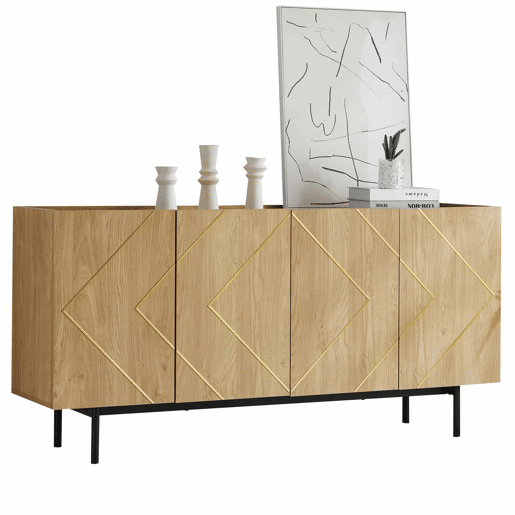 Aparador 160x40x78 cm - Com 4 portas e detalhes em metal - Madeira natural