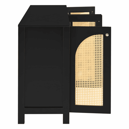 Aparador moderno com prateleiras reguláveis - portas de rotim - MDF - Preto