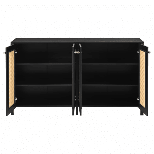 Aparador moderno com prateleiras reguláveis - portas de rotim - MDF - Preto