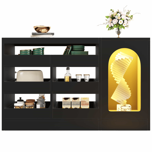Cômoda, 120x40x75 cm - Moderna, com luz LED, 6 gavetas, porta de armazenamento, cor preta