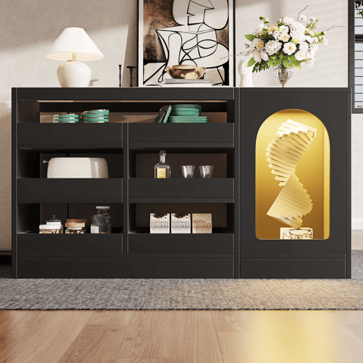 Cômoda, 120x40x75 cm - Moderna, com luz LED, 6 gavetas, porta de armazenamento, cor preta