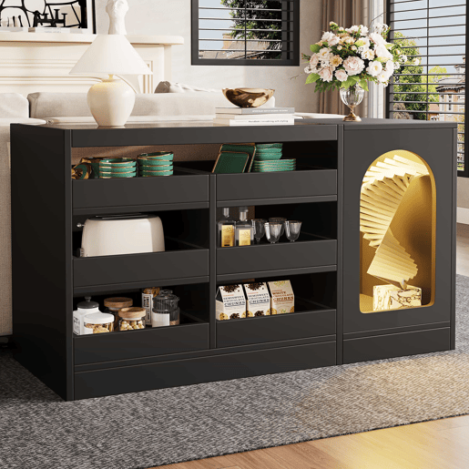 Cômoda, 120x40x75 cm - Moderna, com luz LED, 6 gavetas, porta de armazenamento, cor preta