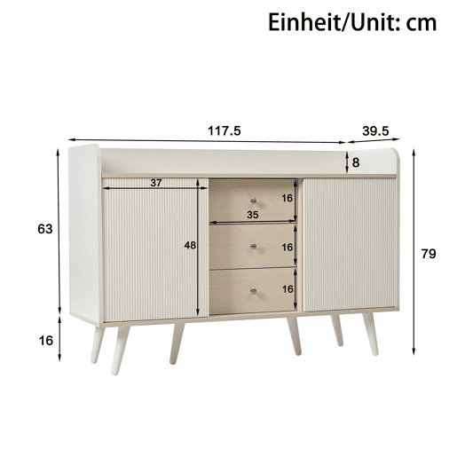 aparador 117,5 cm - Com três gavetas, elegante vetado, para quarto e sala - Branco