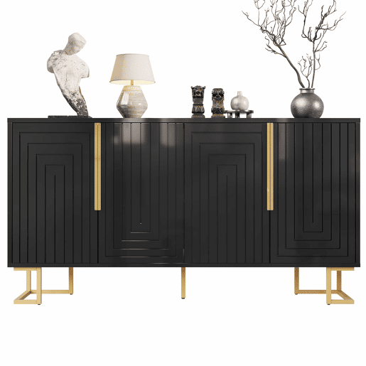 Aparador 152x40x75 cm - Design geométrico único, puxadores e pés dourados - Preto Aparador 152x40x75 cm - Design geométrico único, puxadores e pés dourados - Preto