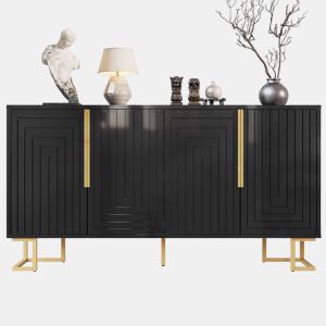 Aparador 152x40x75 cm - Design geométrico único, puxadores e pés dourados - Preto