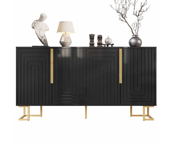 Sideboard 152x40x75 cm - diseño geométrico único, asas y pies dorados - negro