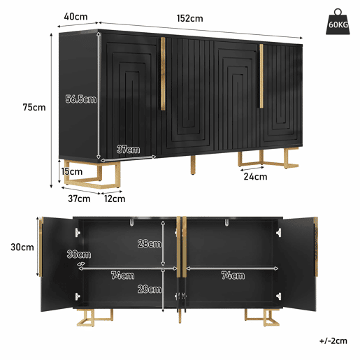 Aparador 152x40x75 cm - Design geométrico único, puxadores e pés dourados - Preto Aparador 152x40x75 cm - Design geométrico único, puxadores e pés dourados - Preto