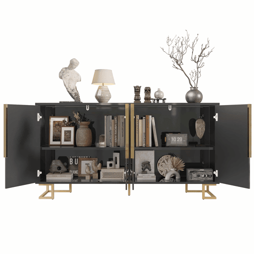 Aparador 152x40x75 cm - Design geométrico único, puxadores e pés dourados - Preto Aparador 152x40x75 cm - Design geométrico único, puxadores e pés dourados - Preto
