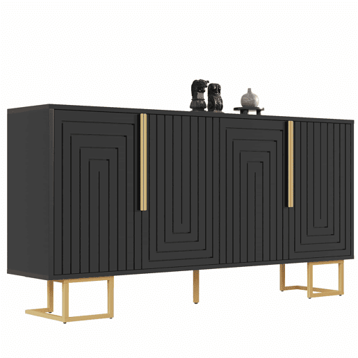 Aparador 152x40x75 cm - Design geométrico único, puxadores e pés dourados - Preto Aparador 152x40x75 cm - Design geométrico único, puxadores e pés dourados - Preto