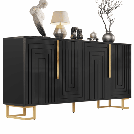 Aparador 152x40x75 cm - Design geométrico único, puxadores e pés dourados - Preto Aparador 152x40x75 cm - Design geométrico único, puxadores e pés dourados - Preto