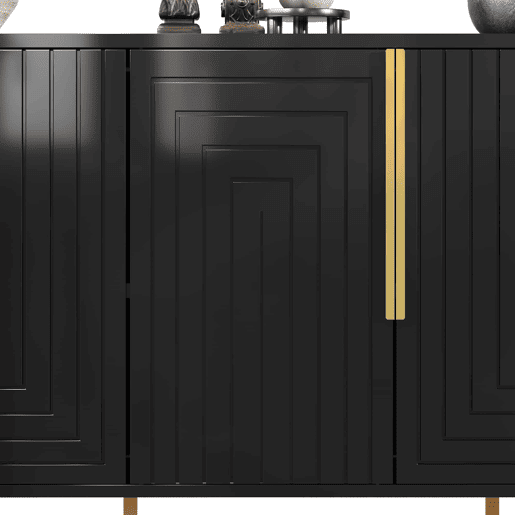 Aparador 152x40x75 cm - Design geométrico único, puxadores e pés dourados - Preto Aparador 152x40x75 cm - Design geométrico único, puxadores e pés dourados - Preto