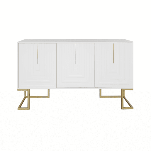 Aparador moderno com prateleiras reguláveis - 3 portas em forma de U - puxadores e base em metal - Branco