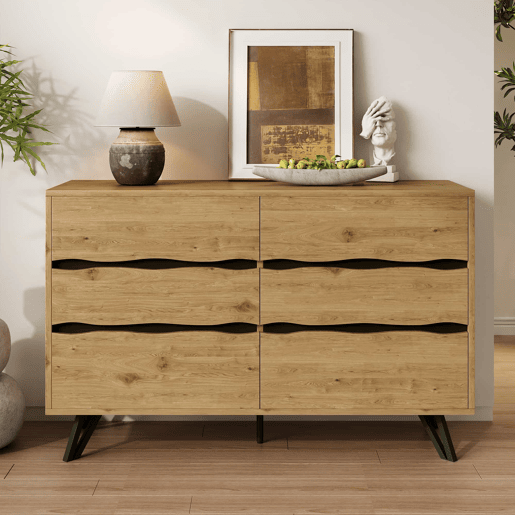 Aparador moderno 120x40x75,5 cm - 6 gavetas, design minimalista, pernas de metal - Madeira