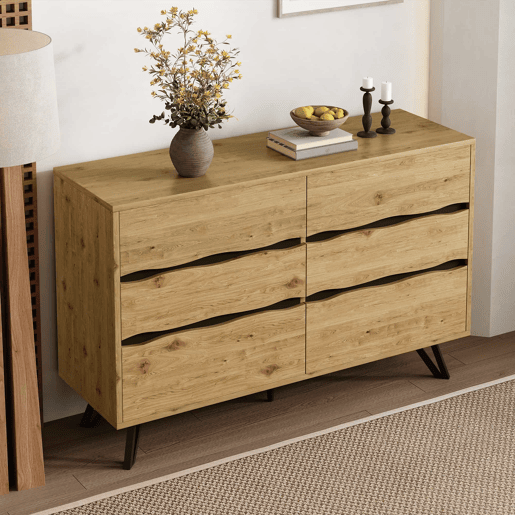 Aparador moderno 120x40x75,5 cm - 6 gavetas, design minimalista, pernas de metal - Madeira