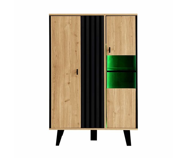 Mueble auxiliar, sideboard, vitrinas con vidrio y luz led - diseño único de tiras de madera negras - madera