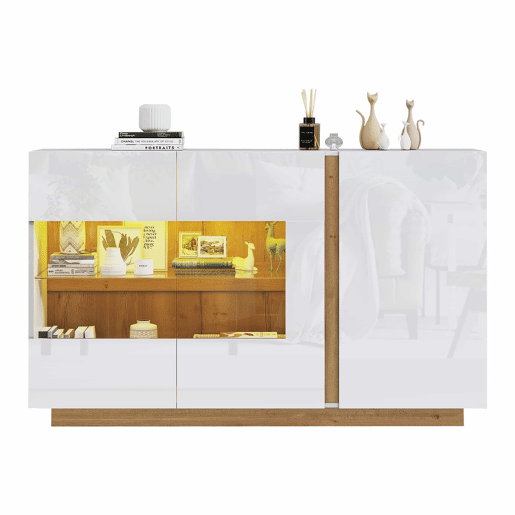 Móvel aparador 138x38x90,5 cm - Alta brilho, com base em madeira, tabuleiro em aglomerado e vidro - Branco