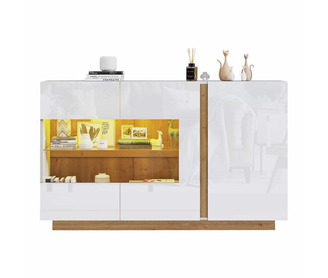 Mueble aparador 138x38x90,5 cm - alta gloss, con base de madera, tablero de partículas y vidrio - blanco