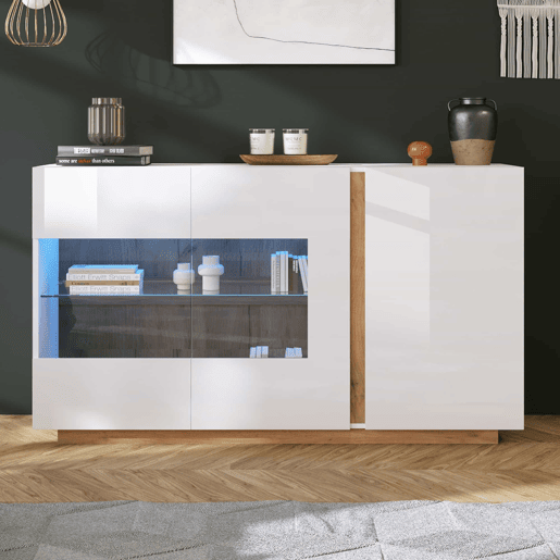 Móvel aparador 138x38x90,5 cm - Alta brilho, com base em madeira, tabuleiro em aglomerado e vidro - Branco