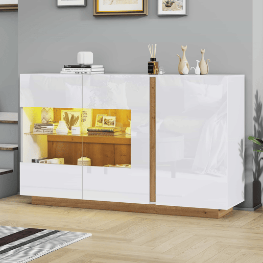 Móvel aparador 138x38x90,5 cm - Alta brilho, com base em madeira, tabuleiro em aglomerado e vidro - Branco