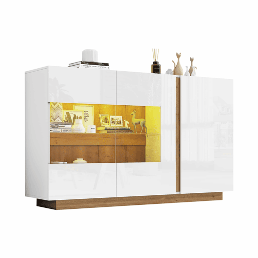 Móvel aparador 138x38x90,5 cm - Alta brilho, com base em madeira, tabuleiro em aglomerado e vidro - Branco