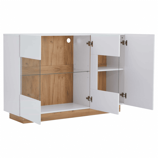 Móvel aparador 138x38x90,5 cm - Alta brilho, com base em madeira, tabuleiro em aglomerado e vidro - Branco