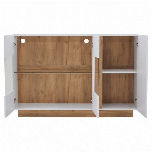 Móvel aparador 138x38x90,5 cm - Alta brilho, com base em madeira, tabuleiro em aglomerado e vidro - Branco