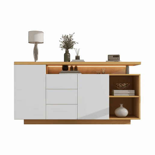 Aparador multifuncional 140 cm - 2 portas, 3 gavetas, 2 compartimentos abertos, com iluminação LED - branco e madeira