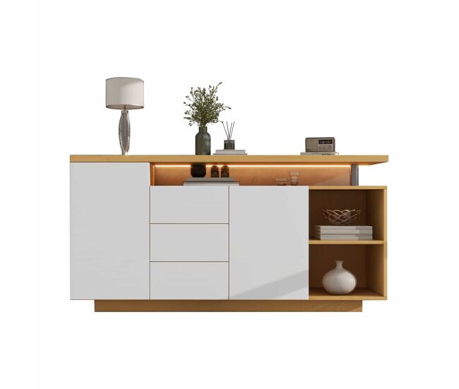Sideboard multifuncional 140 cm - 2 puertas, 3 cajones, 2 compartimentos abiertos, con iluminación led - blanco y madera
